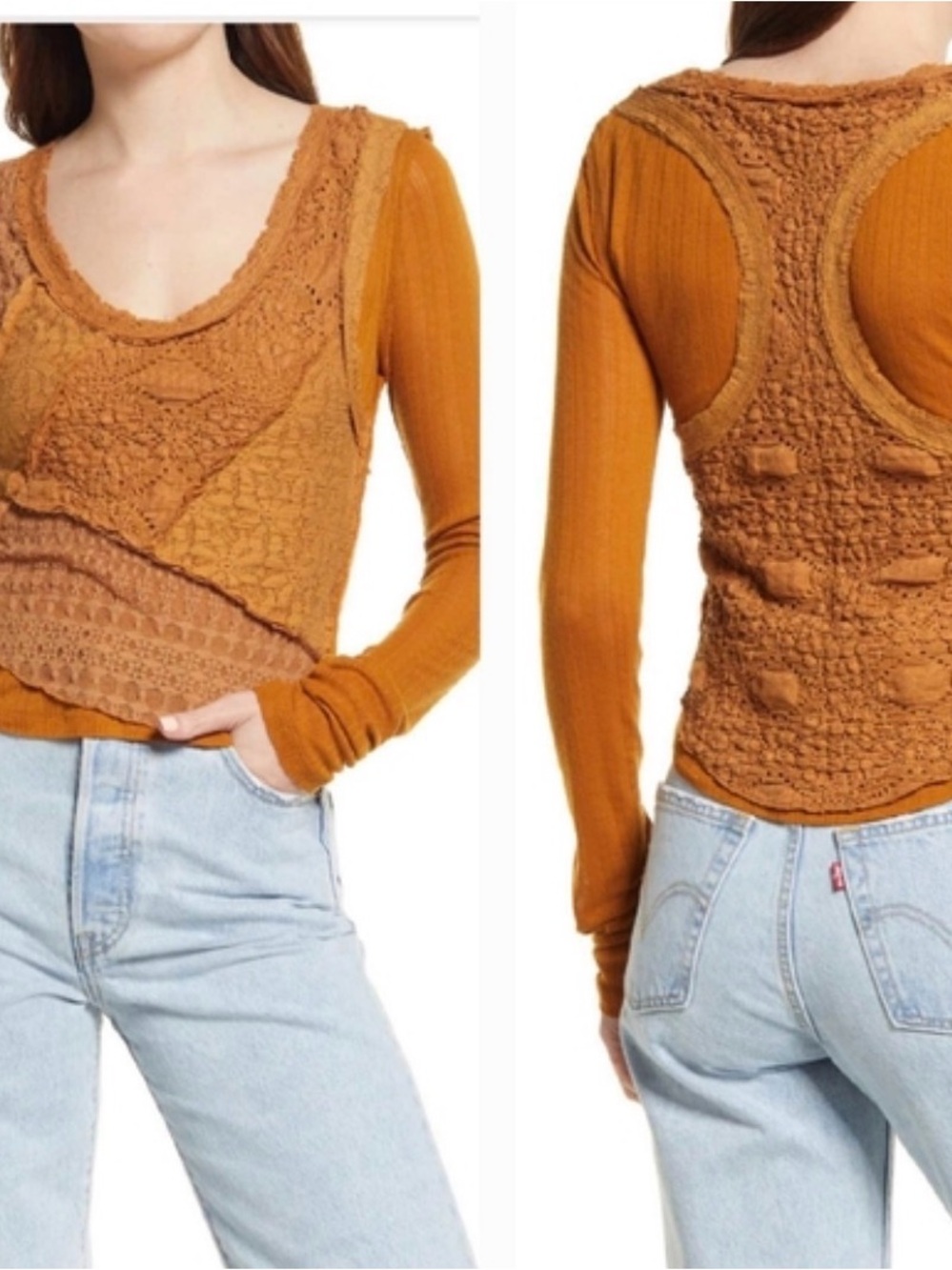 Free People Taylor Small Layered Look Lace Knit Long Sleeve Top in Rust Slim Fit